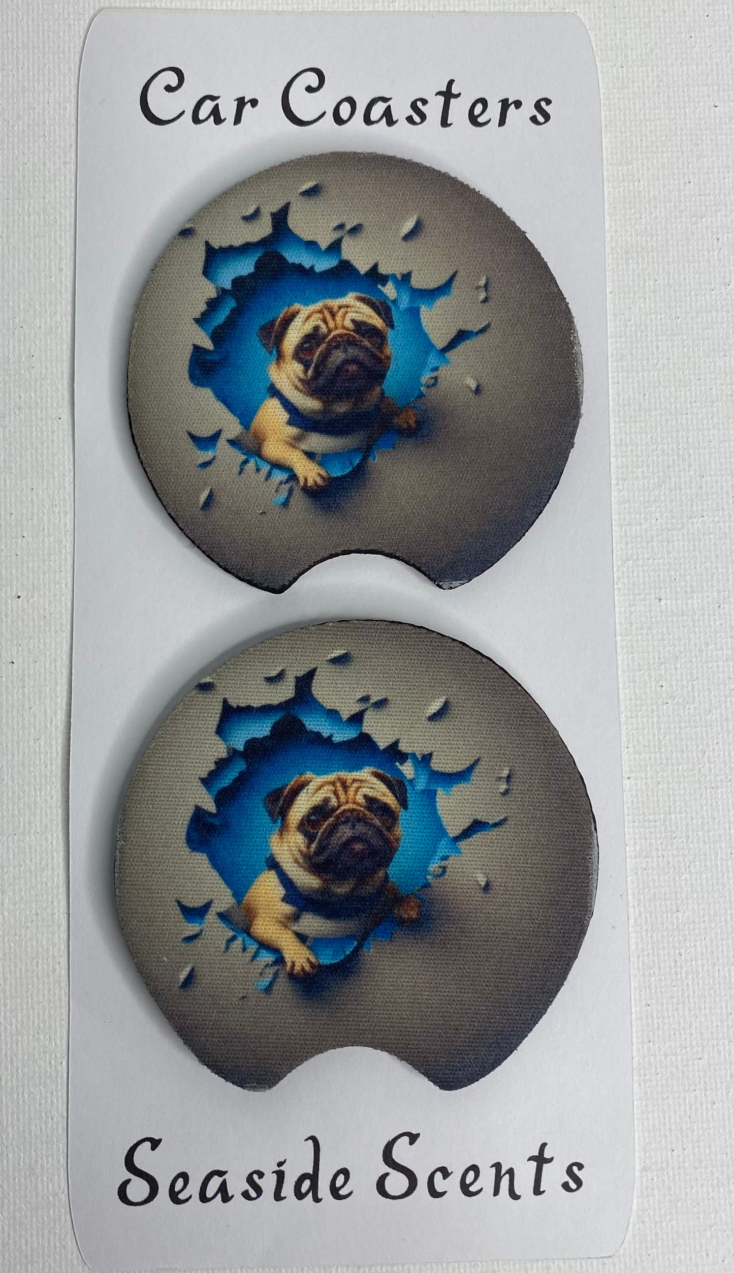 Car Coasters - Pug Breaking Through