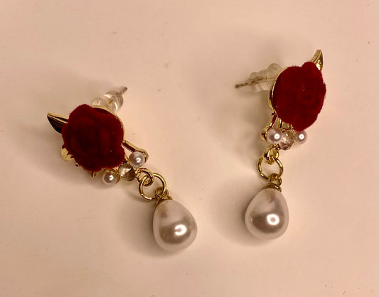 Earrings - Red Rose & Pearl