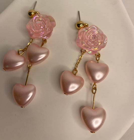 Earrings -Dangle Pink Hearts & Flower