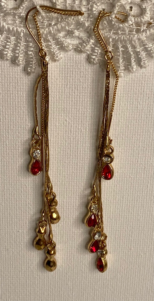 Earrings -Gold Multi Chain Red Jewels