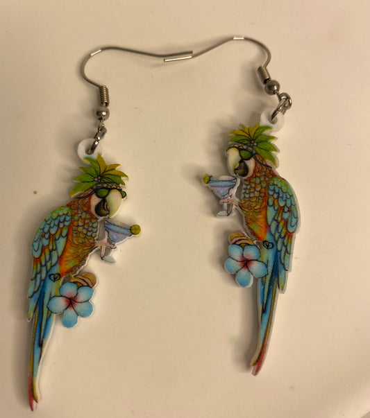 Earrings -Parrot drinking Cocktail