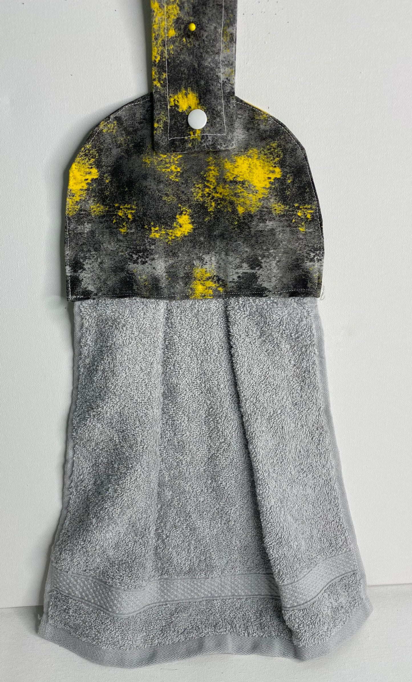 Hanging Hand Towel Grey Towel with Yellow, Black & Grey Top
