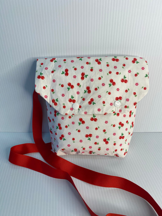 Cross Body Bag - Cherries on White Cotton Material