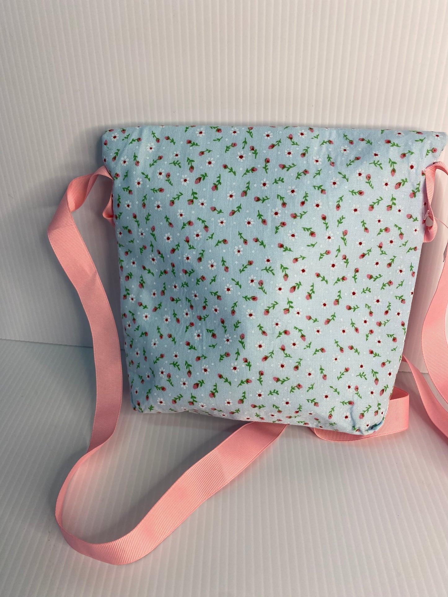 Cross Body Bag - Small Red Floral on Light Blue Cotton Material