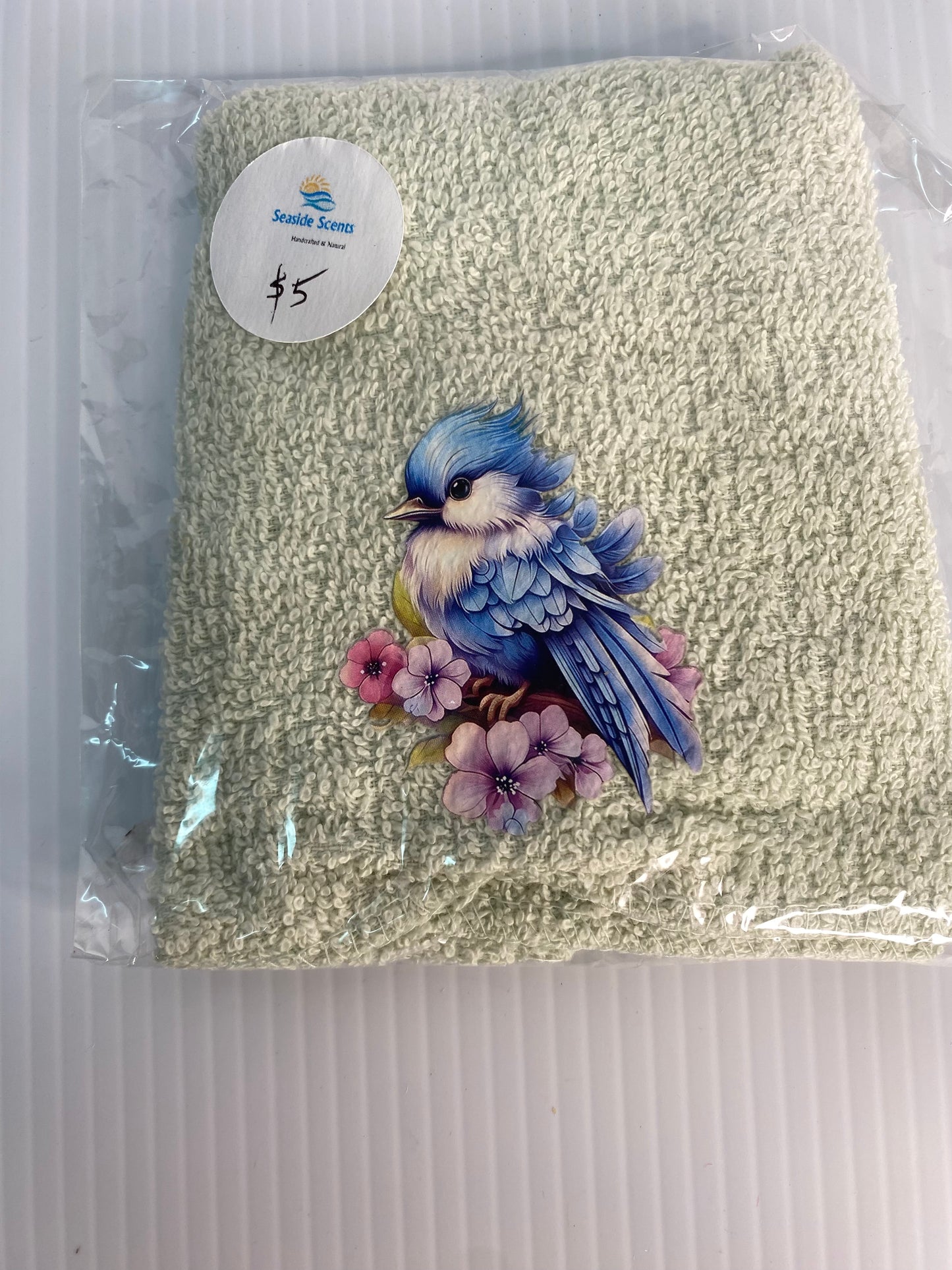 Baby Face Washer- Blue Bird on a Light Green Washer (Copy)