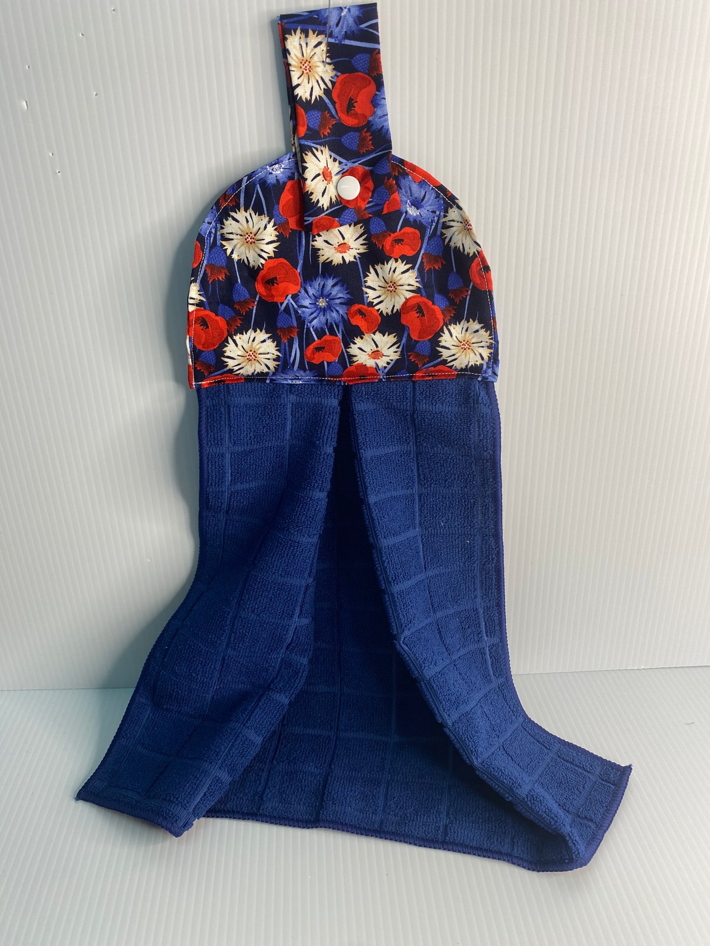 Hanging Hand Towel -Blue Towel with Red Poppies
