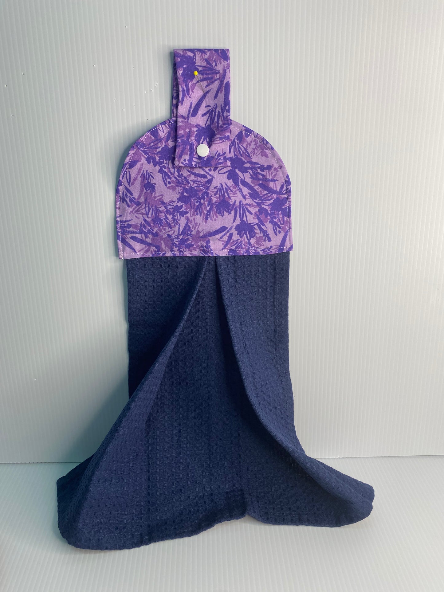 Hanging Hand Towel -Navy Waffle Towel with Purple Flowers