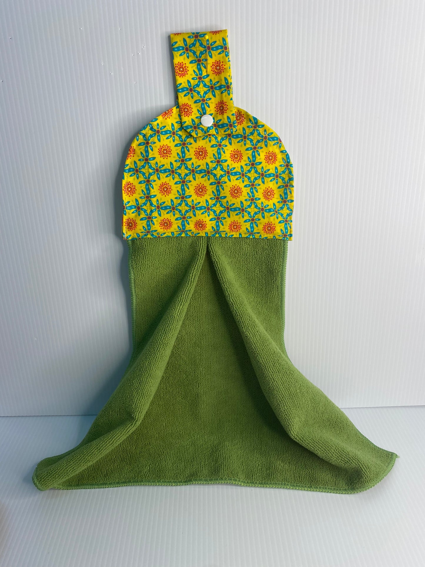 Hanging Hand Towel -Green Towel with Blue and Red Flowers on Yellow