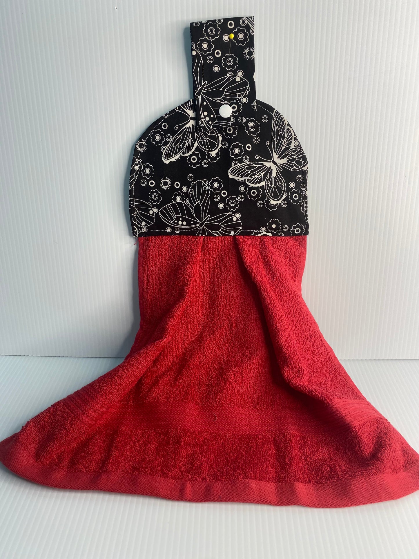 Hanging Hand Towel Red Towel with Black & White Butterflies
