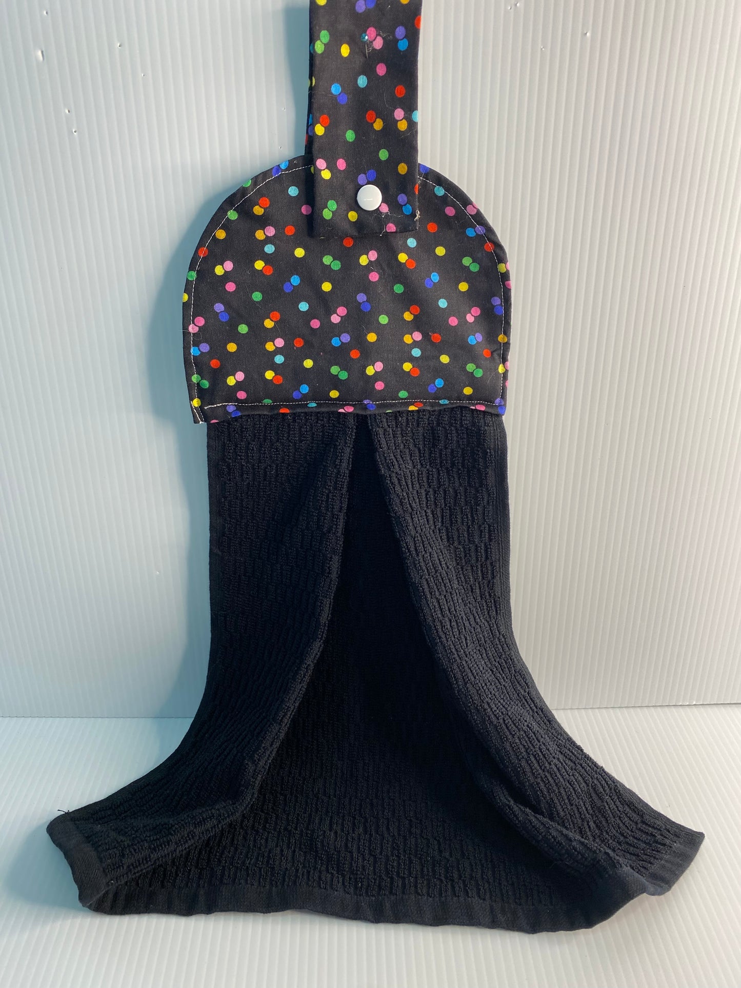 Hanging Hand Towel - Black Waffle Towel with Dots on Top