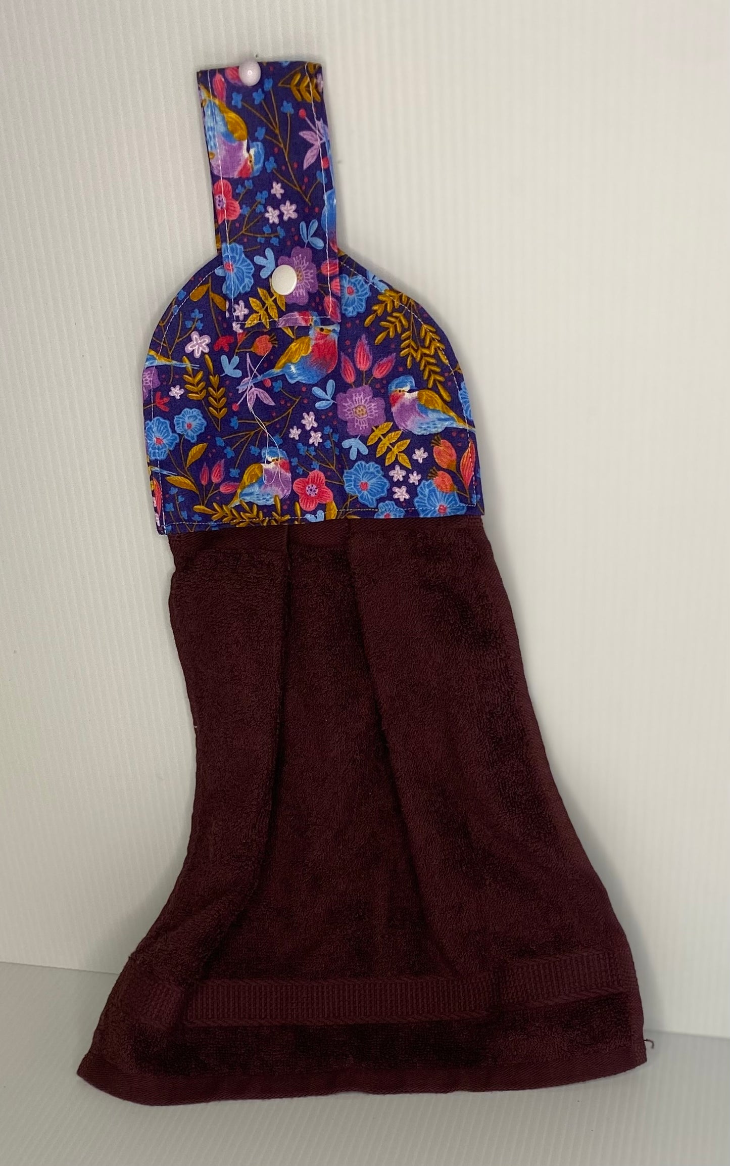Hanging Hand Towel - Dark Brown Towel with Bird and Flowers Top