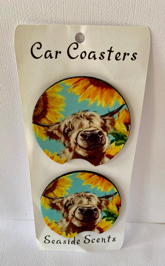 Car Coasters - Cow & Sunflowers