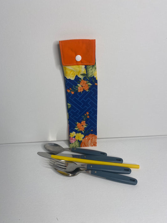 Travel Cutlery Pouch - Orange Flowers