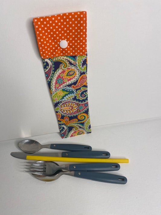Travel Cutlery Pouch - Orange & White Spot