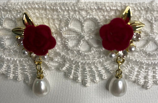 Earrings - Red Rose & Pearl