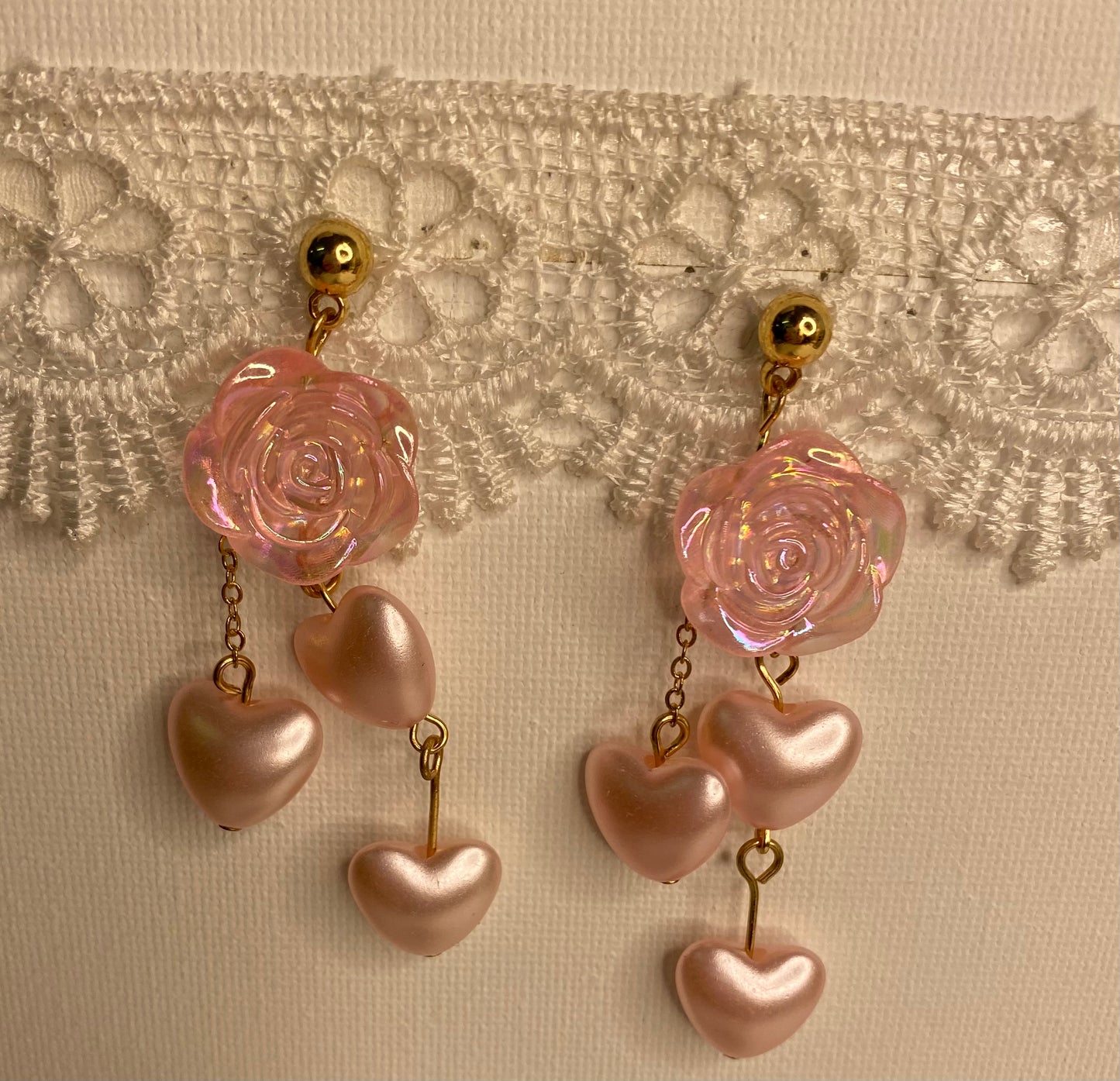 Earrings -Dangle Pink Hearts & Flower