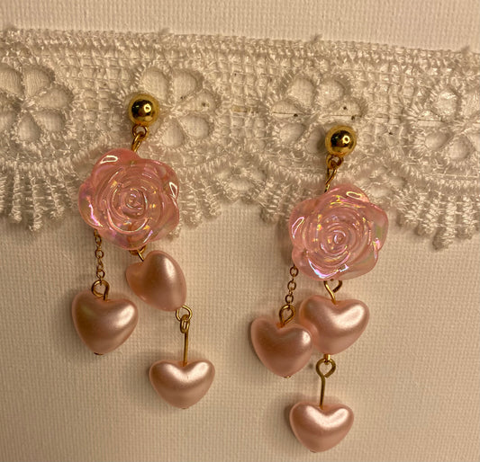 Earrings -Dangle Pink Hearts & Flower