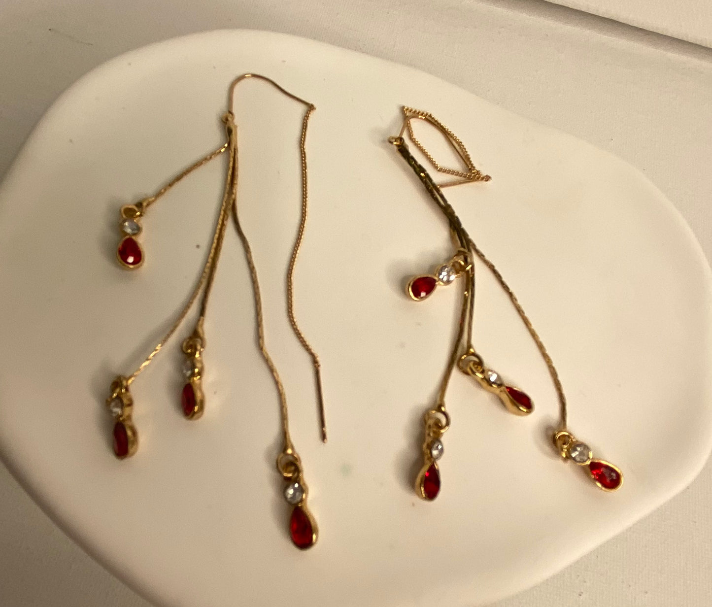 Earrings -Gold Multi Chain Red Jewels
