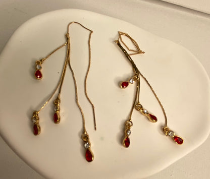 Earrings -Gold Multi Chain Red Jewels