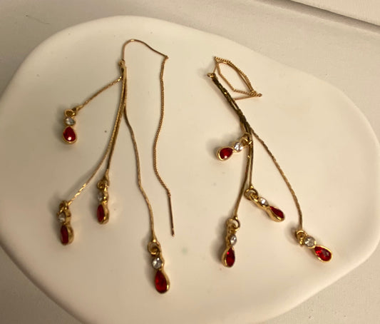 Earrings -Gold Multi Chain Red Jewels