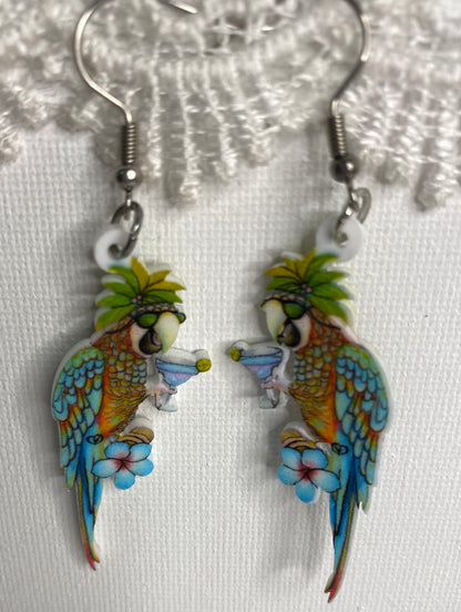 Earrings -Parrot drinking Cocktail