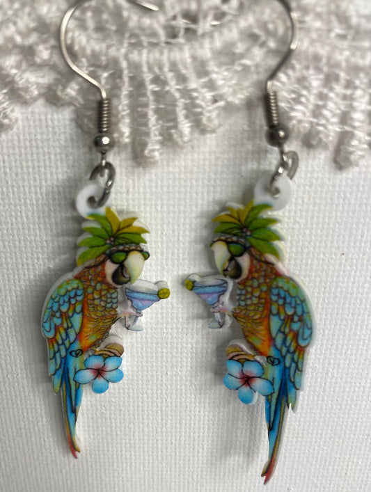 Earrings -Parrot drinking Cocktail