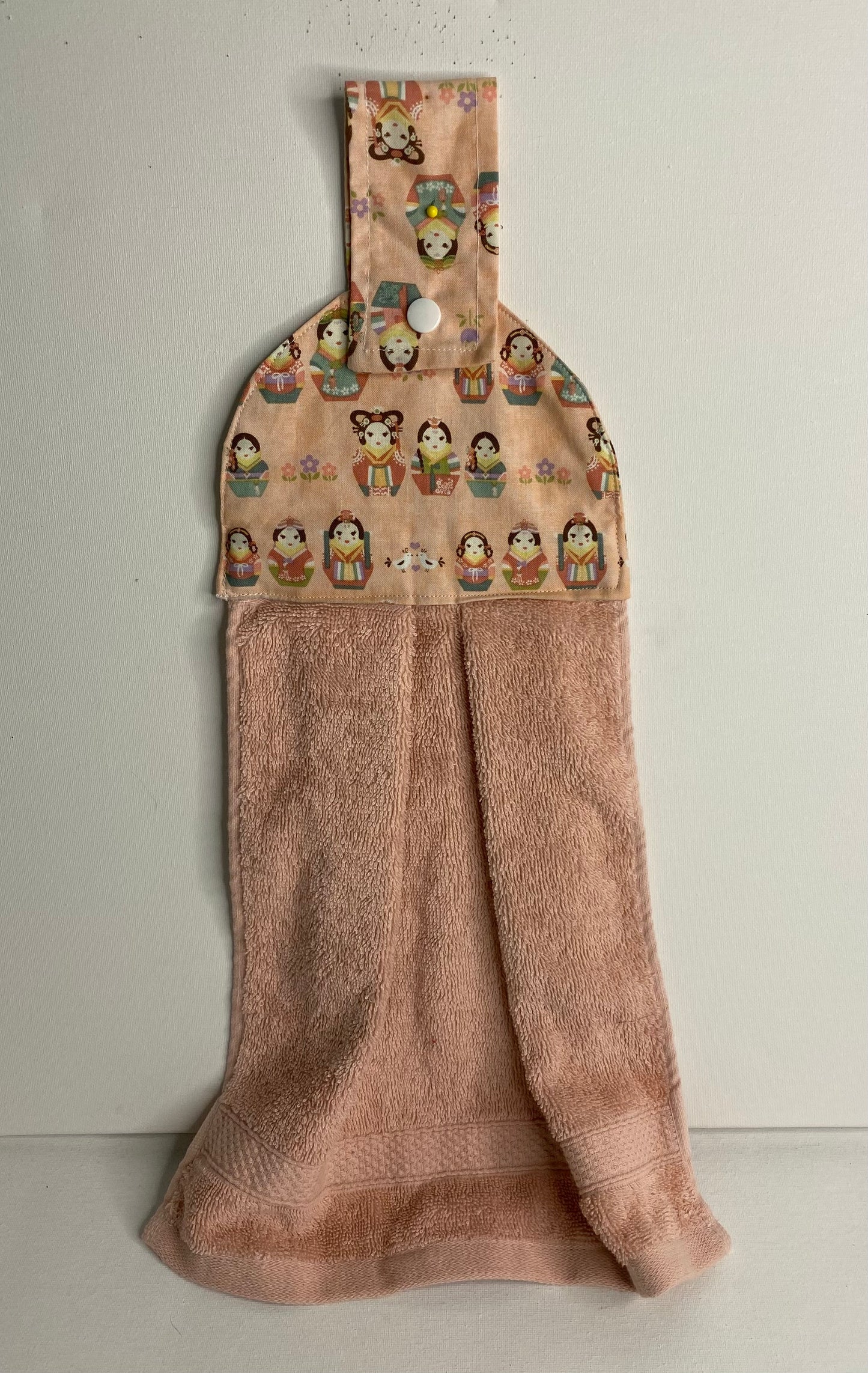Hanging  Hand Towel Dusty Pink with Pink Top with Japanese Dolls