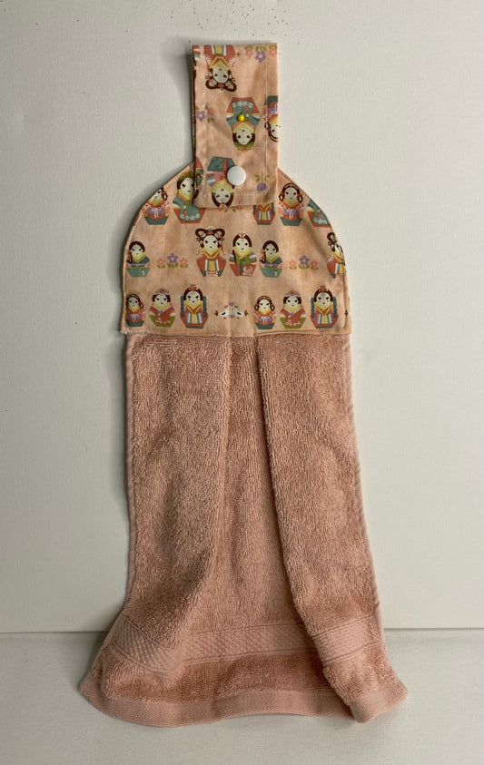Hanging  Hand Towel Dusty Pink with Pink Top with Japanese Dolls