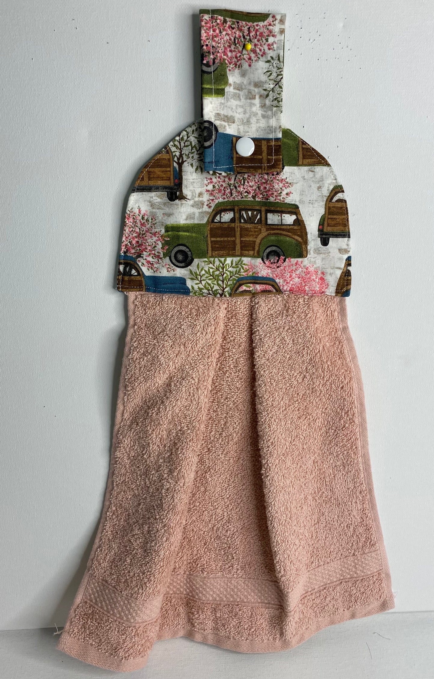 Hanging  Hand Towel Dusty Pink with Old Cars on Top