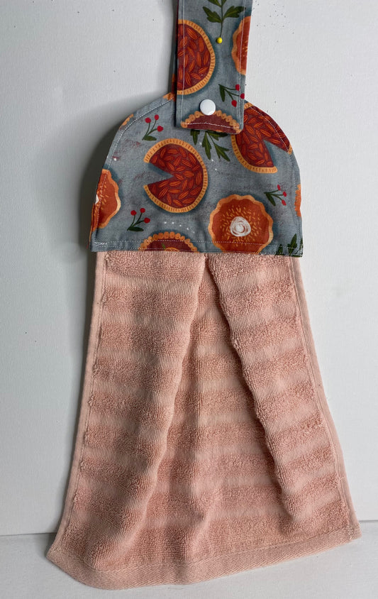 Hanging  Hand Towel Dusty Pink with Grey Top and Pies