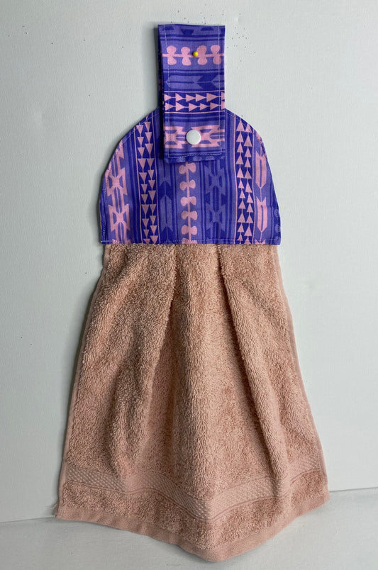Hanging  Hand Towel Dusty Pink with Purple & Pink Design on Top