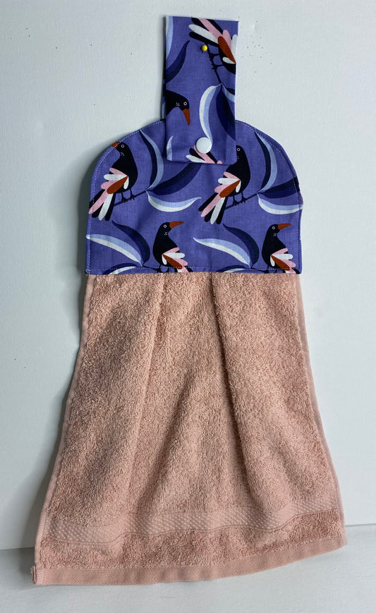 Hanging  Hand Towel Dusty Pink with Purple Magpies