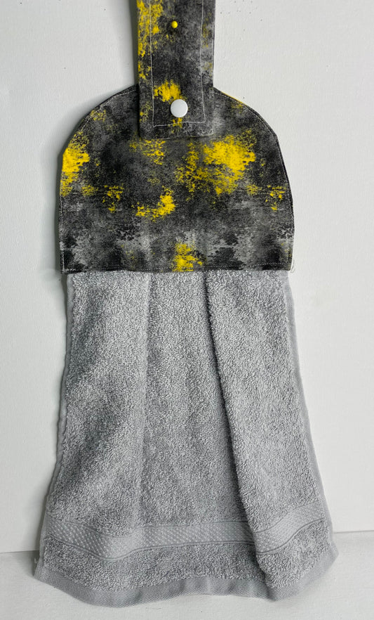 Hanging  Hand Towel Grey Towel with Yellow, Black & Grey Top