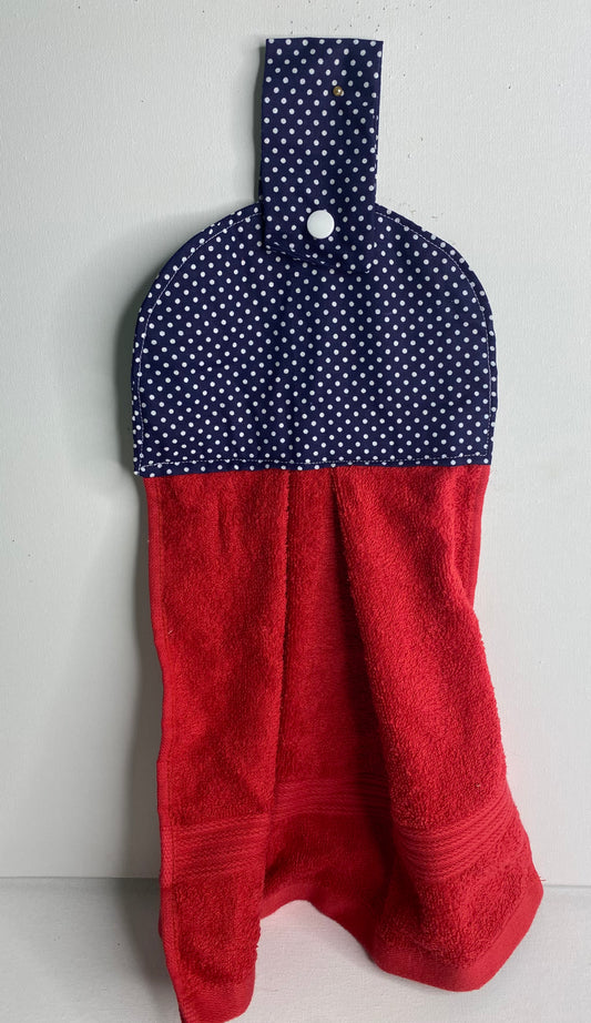 Hanging  Hand Towel Red with Blue and White Spot Top