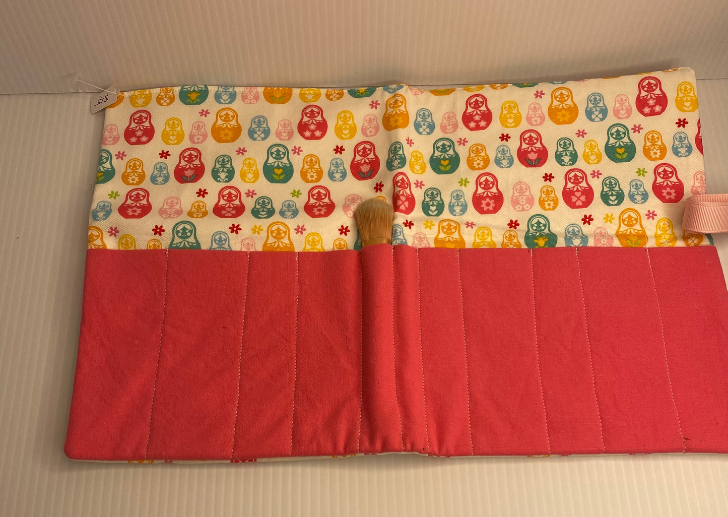 Make up Brush Travel Wrap - Cotton Material Pink with Russian Dolls