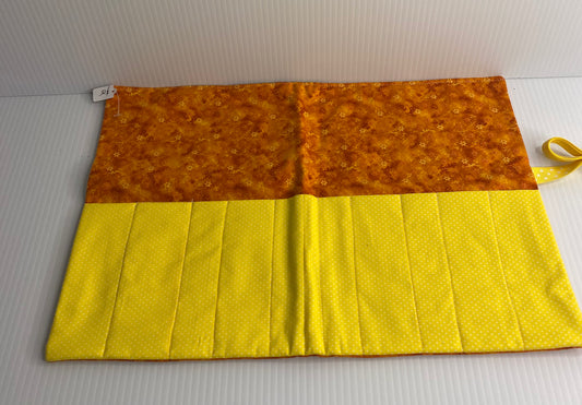 Make up Brush Travel Wrap - Cotton Material Burnt Orange Flowers Yellow and White Spots.