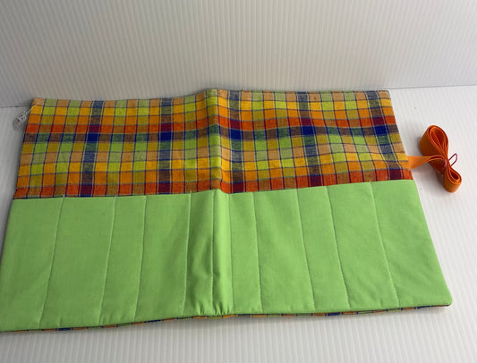 Make up Brush Travel Wrap - Cotton Material Tartan and Green