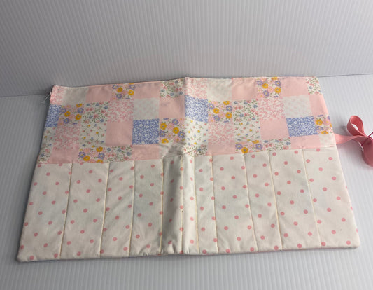 Make up Brush Travel Wrap - Cotton Material soft pink patchwork and poka dots