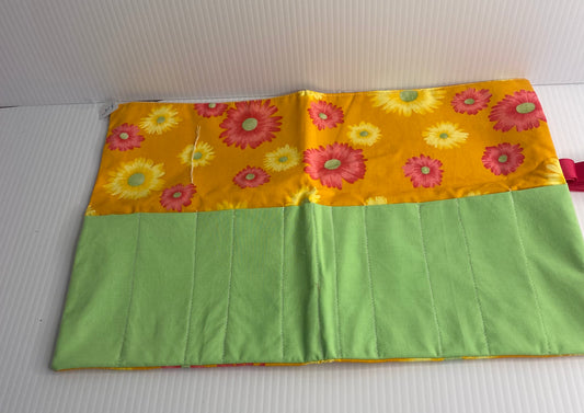Make up Brush Travel Wrap - Cotton Material bright orange with daisies and green