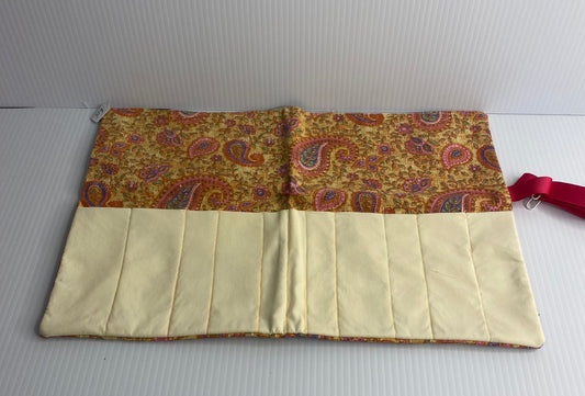 Make up Brush Travel Wrap - Cotton Material Paisley Print on soft Light Brown with Yellow Contrast