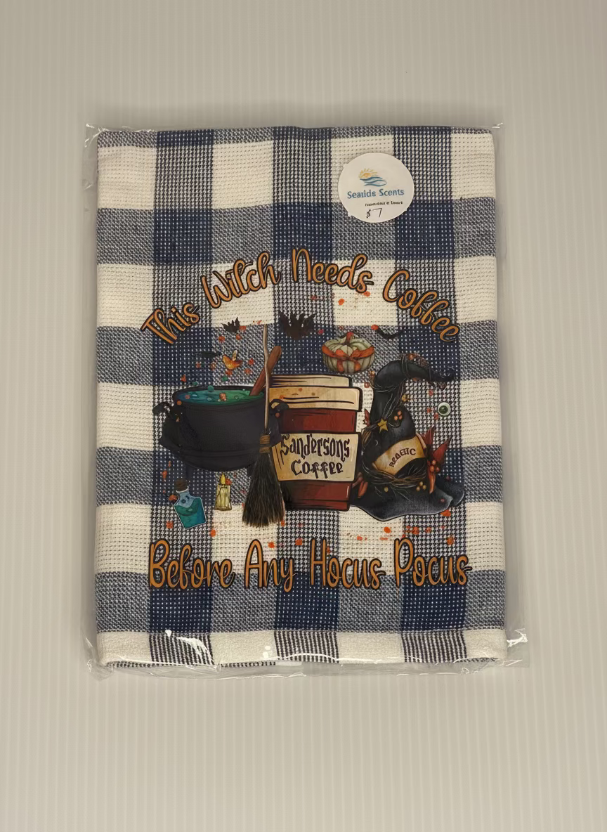 Tea Towel -Blue & White Check, This Witch Needs Coffee