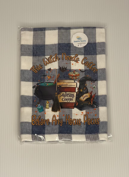 Tea Towel -Blue & White Check, This Witch Needs Coffee