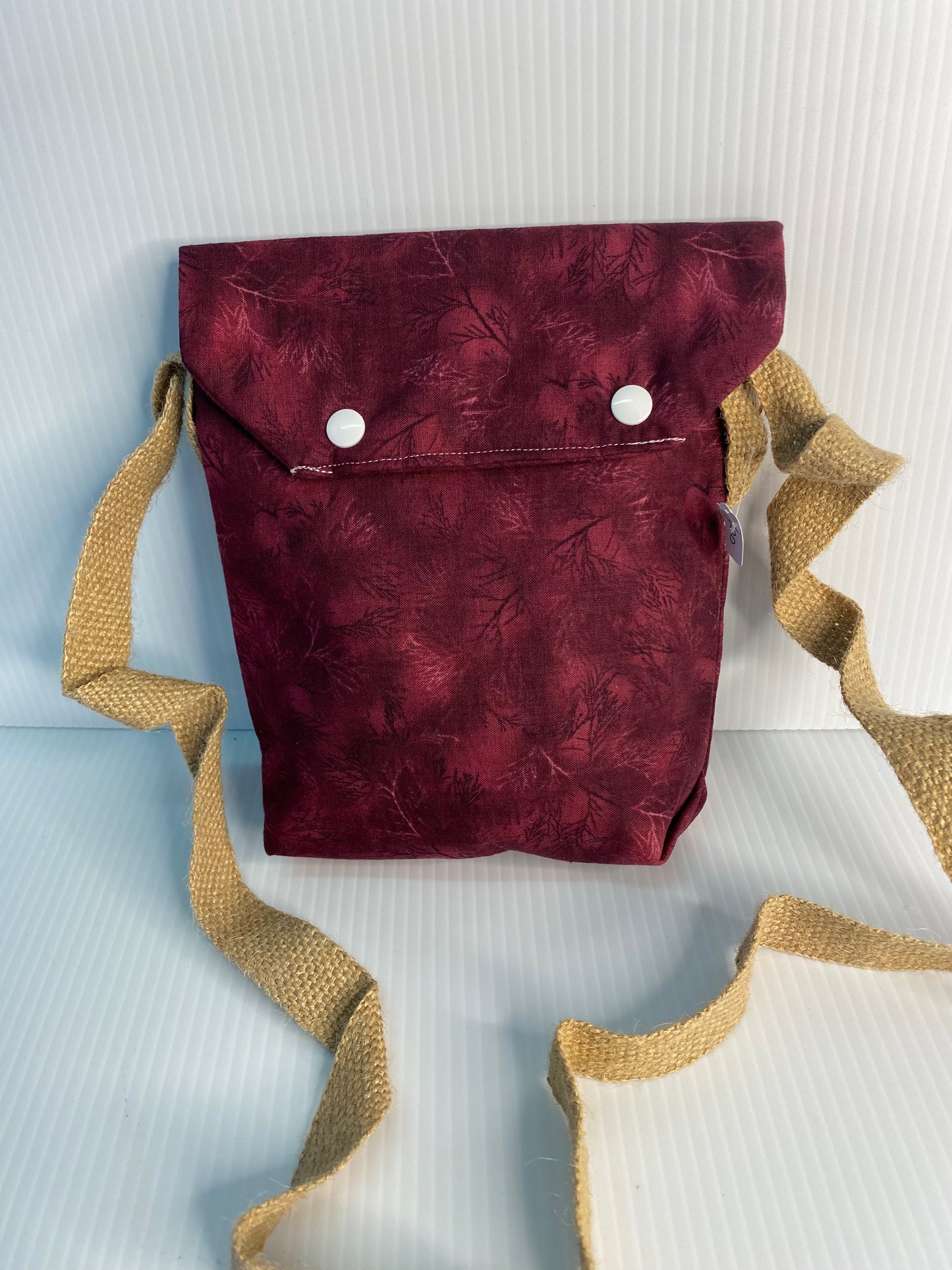 Cross Body Bag - Small branches on burgandy Cotton Material