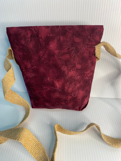 Cross Body Bag - Small branches on burgandy Cotton Material