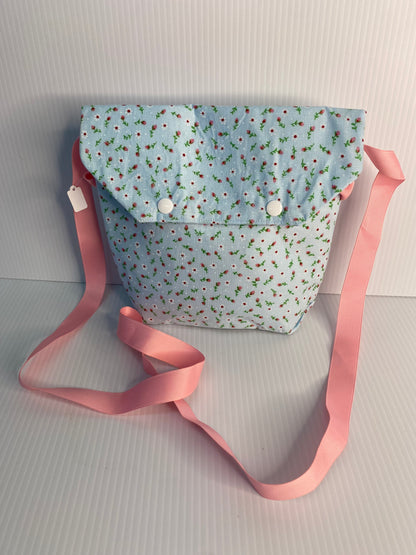 Cross Body Bag - Small Red Floral on Light Blue Cotton Material