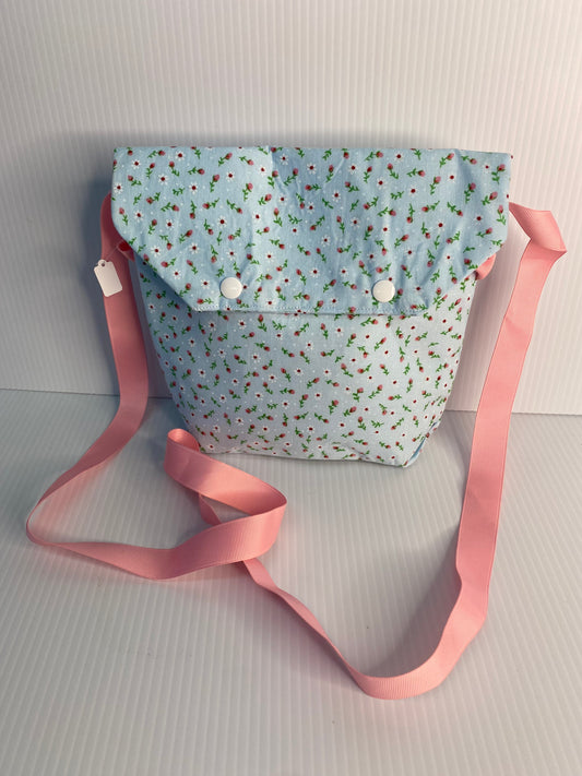 Cross Body Bag - Small Red Floral on Light Blue Cotton Material