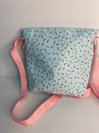 Cross Body Bag - Small Red Floral on Light Blue Cotton Material