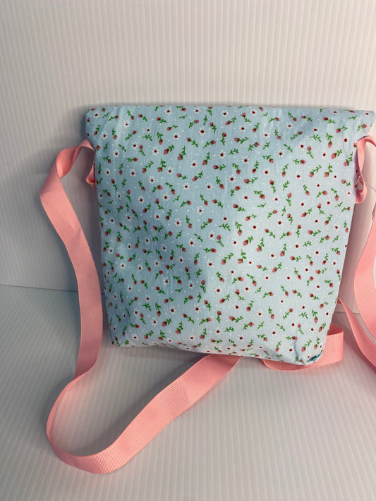 Cross Body Bag - Small Red Floral on Light Blue Cotton Material