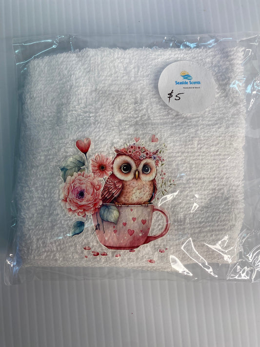 Baby Face Washer -Owl In a Teacup on a White Washer