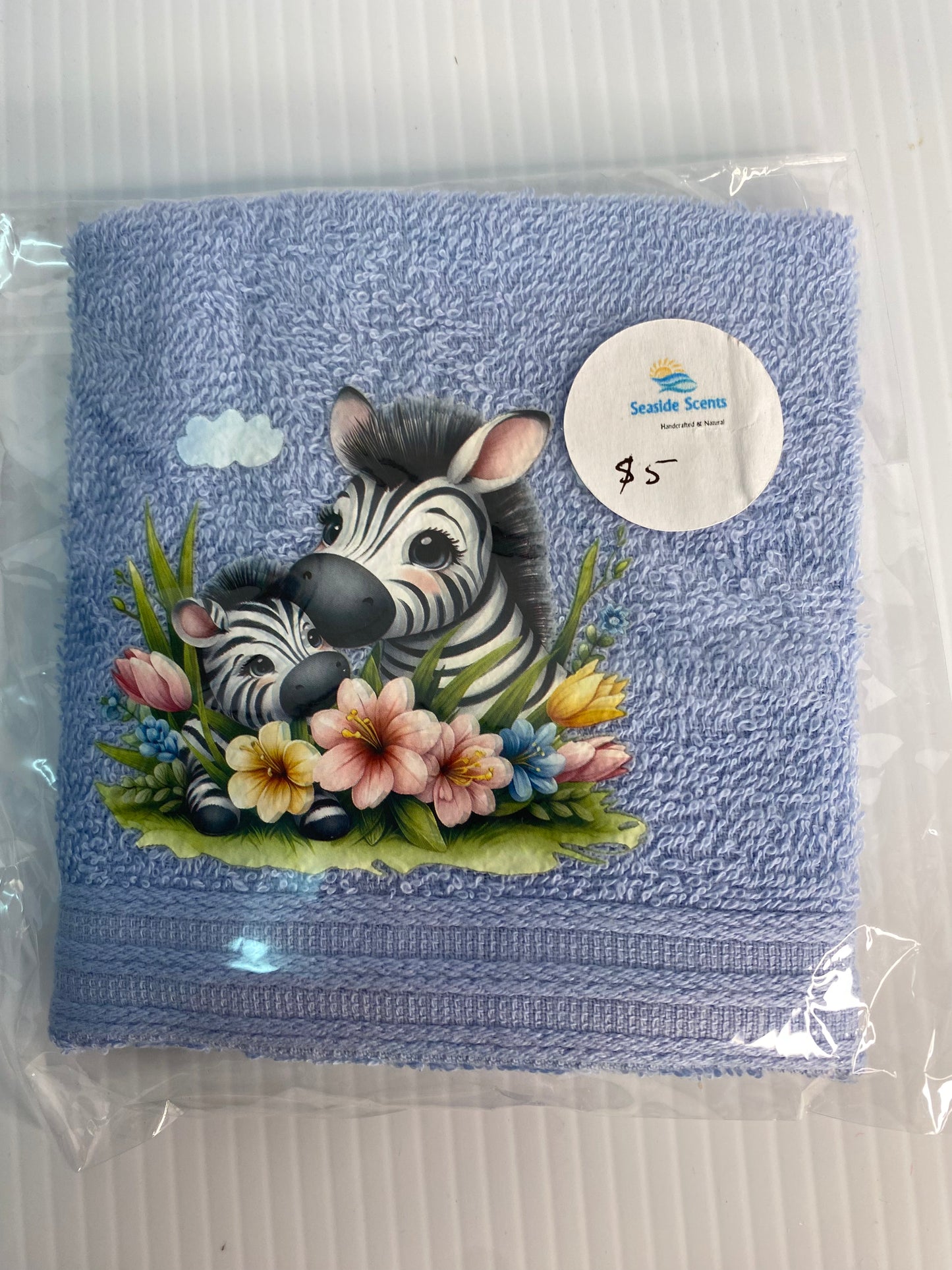 Baby Face Washer- Zebra and Baby  on a Blue Washer